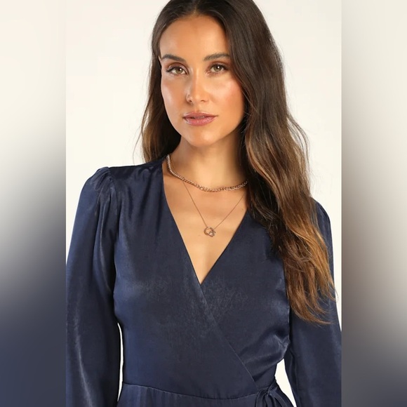 Lulus size XSMALL So Splendid Navy Blue Satin Long Sleeve Wrap Dress - Picture 7 of 8